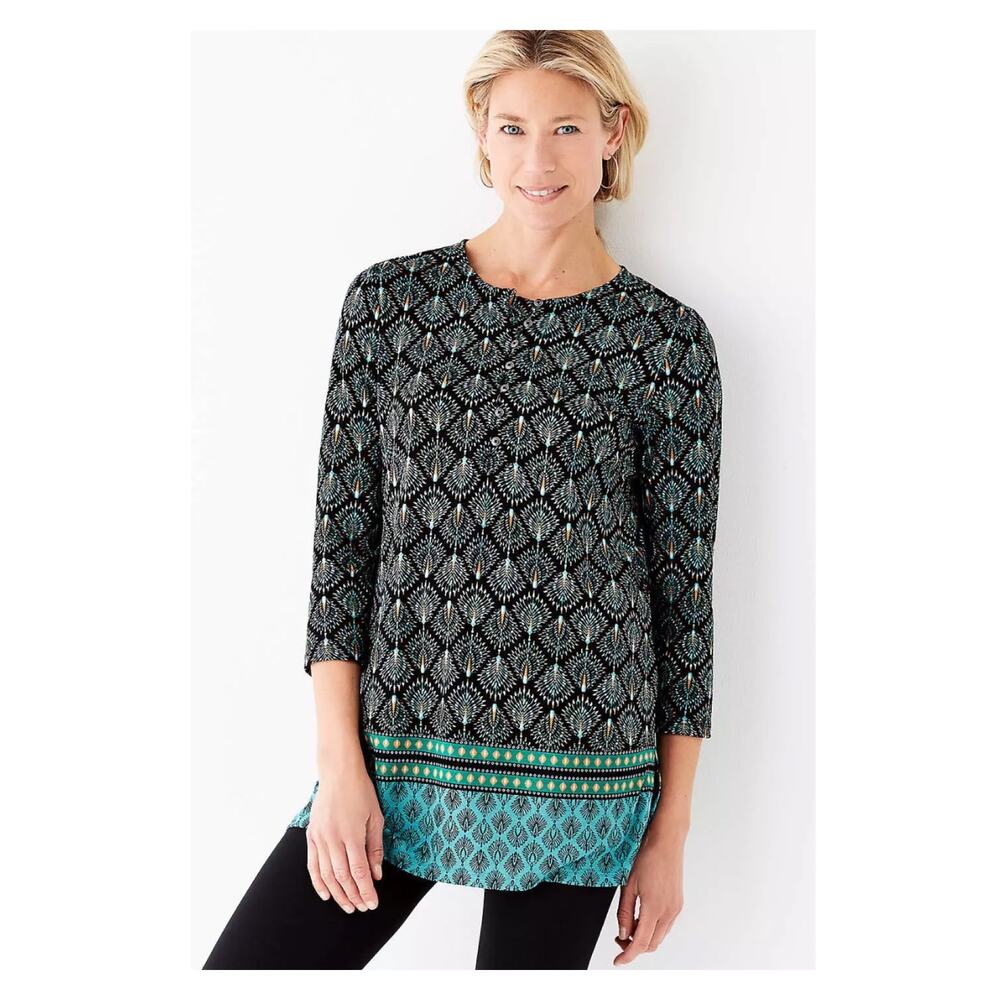 J.Jill Blue Fan Pattern Knit Popover Blouse Sz.M NWT